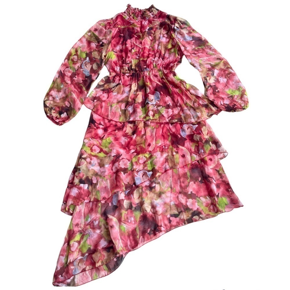 NEW Lara G. Red Floral Silk Blend Tiered Assymetrical Hem Midi Dress US M